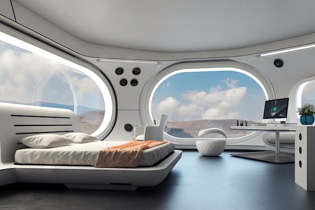 窓から星や惑星の景色を望む未来的なベッドルーム