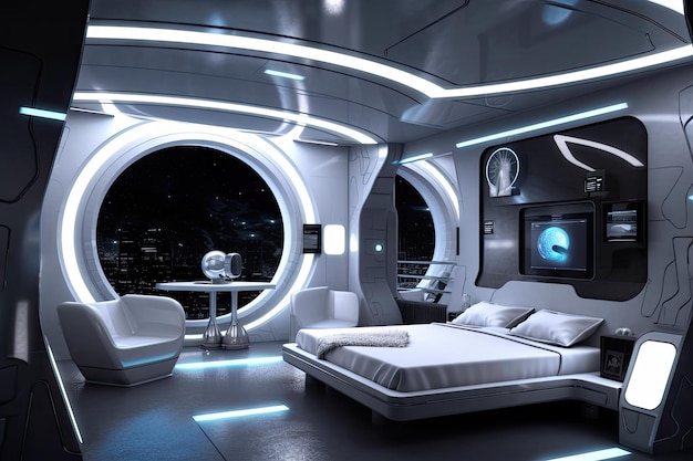 Futuristic bedroom with view of the stars and planets through the window