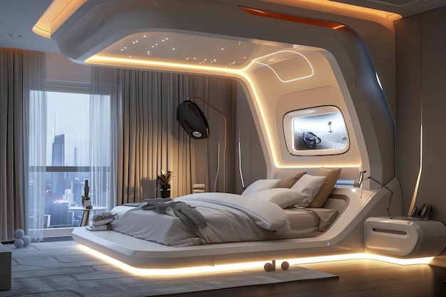 A futuristic bedroom with a white bed The room is illuminated