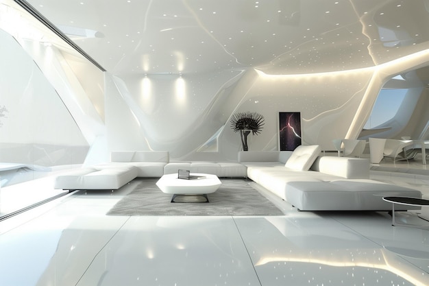 A futuristic bedroom with a white bed