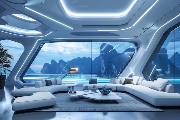 A futuristic bedroom with a white bed