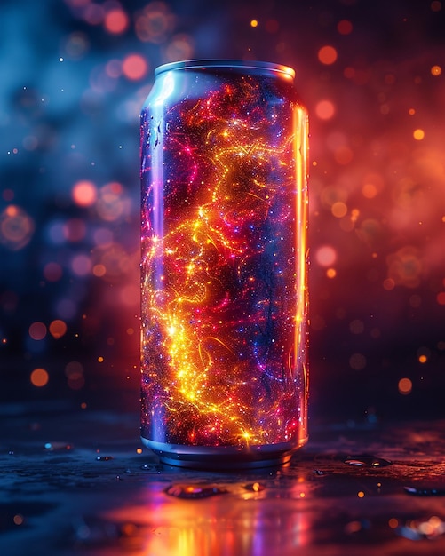 Photo a futuristic beer can design with metallic wallpaper