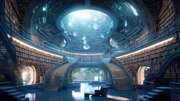 Foto grande biblioteca futuristica con molte ai generate da scaffale