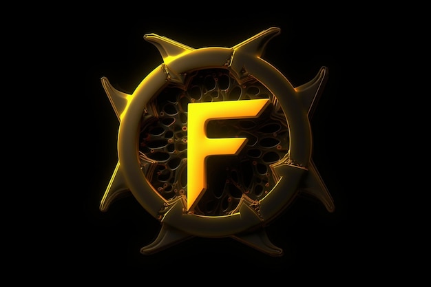 Photo futuristic biohazard yellow logo letter f on a black background the logo is in the style speedy