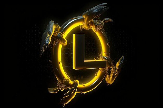 Futuristic biohazard yellow logo letter l on a black background the logo is in the style speedy