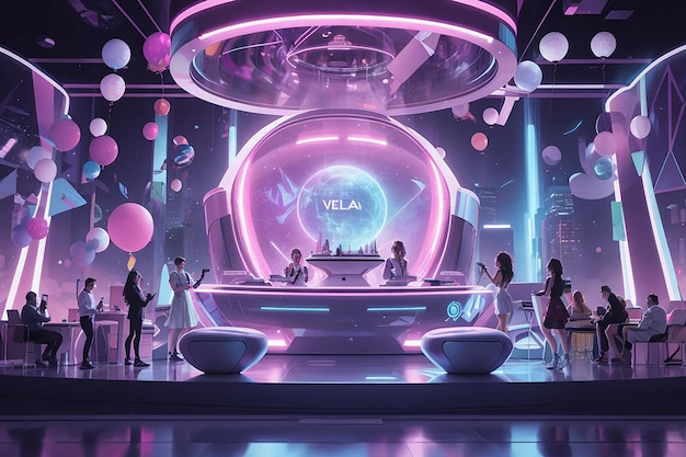 A futuristic birthday party set in a sleek and modern space with holographic decorations