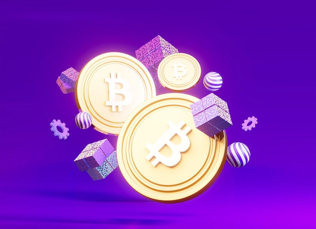 Futuristic Bitcoin blockchain cryptocurrency with abstract cubes On a purple background