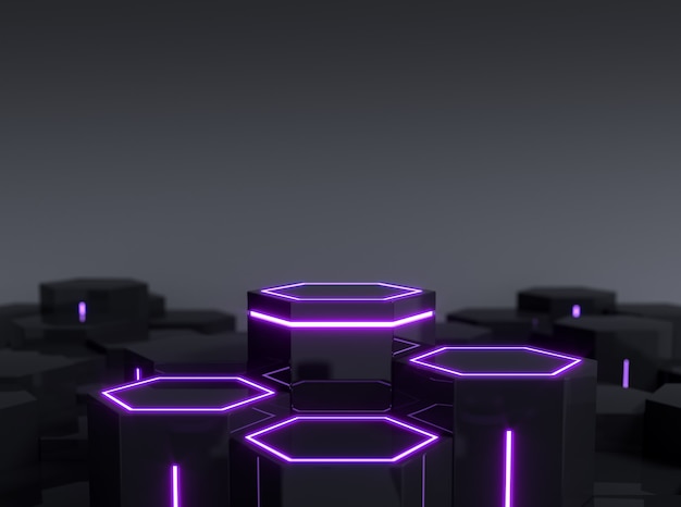 Futuristico piedistallo scifi esagonale nero con luce al neon viola per vetrina prodotto display