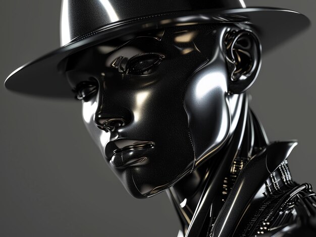 Futuristic black mannequin with a glossy finish wearing a stylish hat