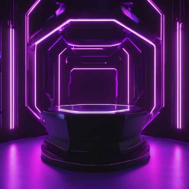 Futuristic black podium with purple neon light background