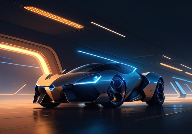 Futuristic black sports car in neon light ai generative