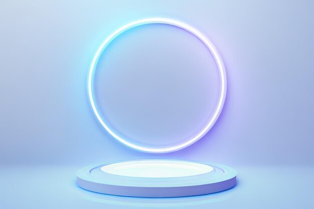 futuristic blue 3D background with cylinder pedestal podium Neon light circle ring on the wall