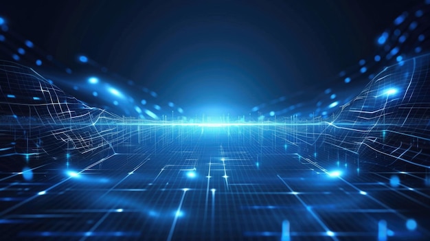 futuristic blue digital landscape with glowing lines virtual reality aig55