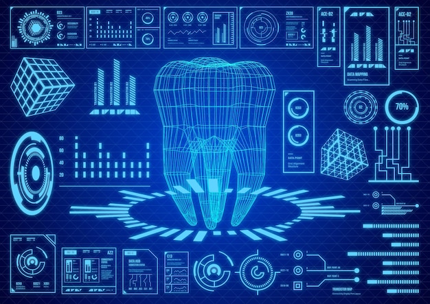 인간의 치아 홀로그램 치과 스캐닝 응용 프로그램 고급 원격 의료 기술이 있는 미래형 파란색 인터페이스 hud 화면