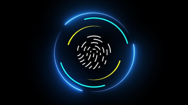 Futuristic blue neon fingerprint scanner on a dark background