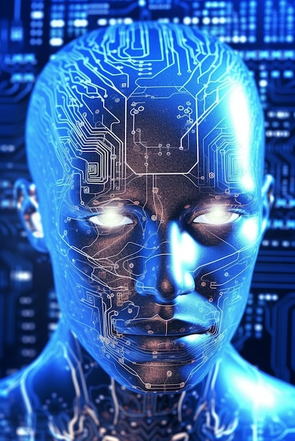 Futuristic Blue Portrait of Young Adult with Technological Elements AI people communication technologies