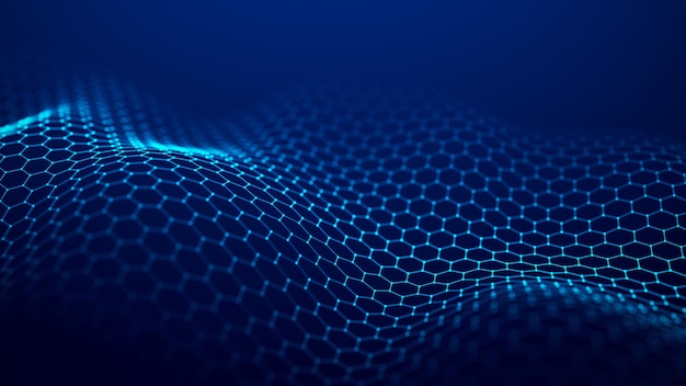 青色の背景に六角形のグリッドの未来的な青い波ビッグデータ ネットワーク接続サイバネティクスと人工知能の 3 d レンダリングの概念