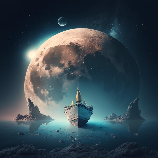 Futuristic of a boat in an ocean on the moon