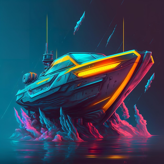 Futuristic boat with neon lights concept design