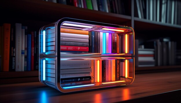 Futuristic bookshelf editorial photography with digital style