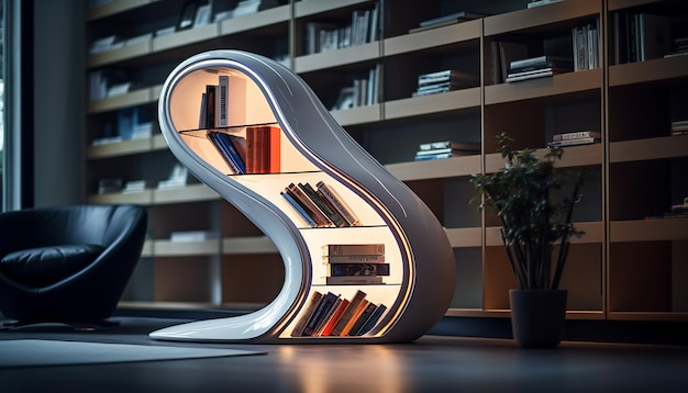 Futuristic bookshelf editorial photography with digital style