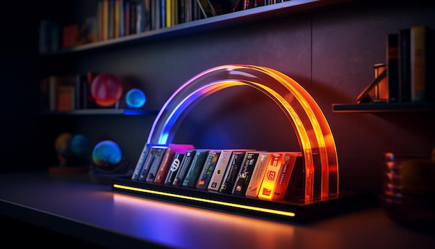 Futuristic bookshelf editorial photography with digital style