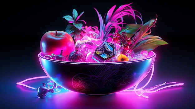 futuristic bowl of apples with lights on generative Ai