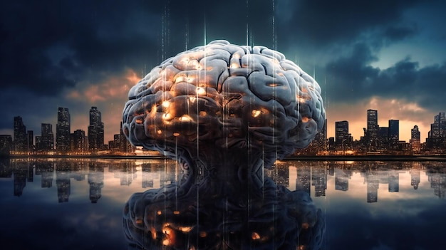 Futuristic brain with city skyline