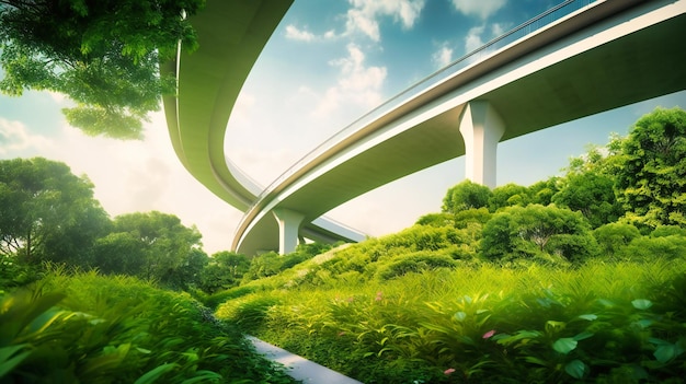 Футуристический мост через зеленый ландшафт в современном городе демонстрирует инновационную и устойчивую транспортную инфраструктуру.