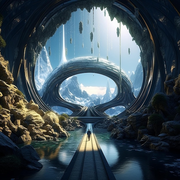 Futuristic bridge or tunnel connecting contrasting landscapes