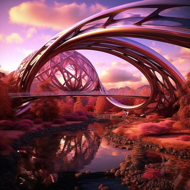 Photo futuristic bridge or tunnel connecting contrasting landscapes