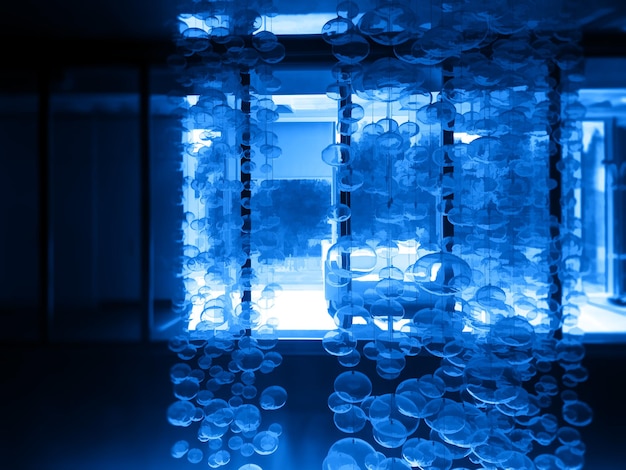 Futuristic bubbles in office interior backdrop