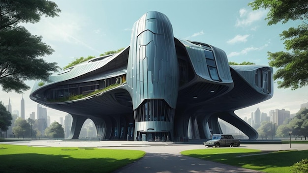Футуристическое здание в футуристическом кибер-фантастическом парке метавселенной
