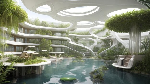 식물 과 작은 연못 이 있는 미래적 인 건물 내부