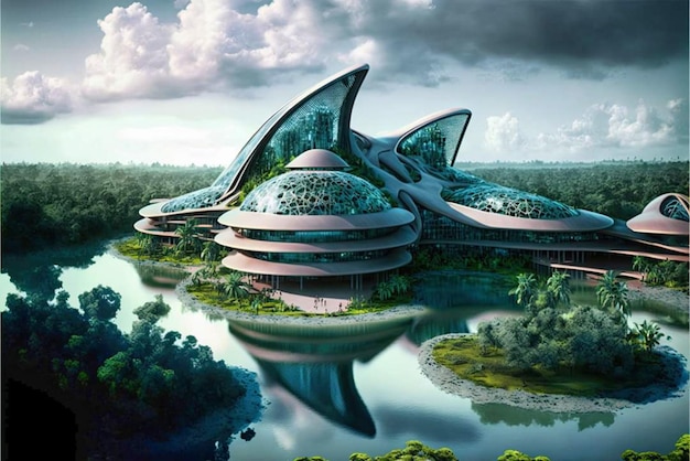 Photo a futuristic building with a green roof and a green roof.