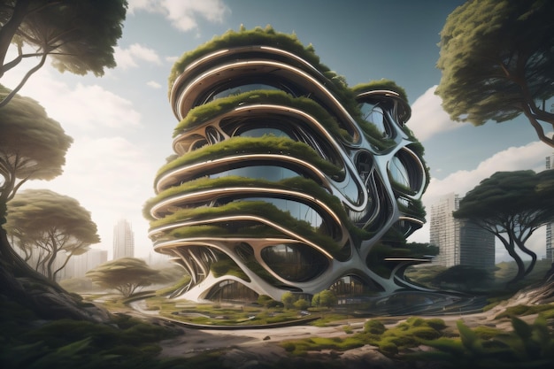 A futuristic building with a green roof and trees in the background.