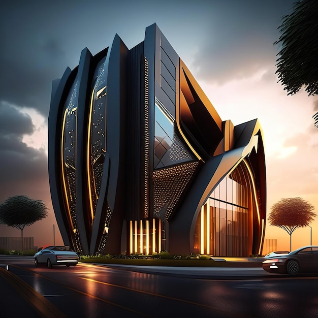 Futuristic building with modern lines and golden details with sunset background Generative AI