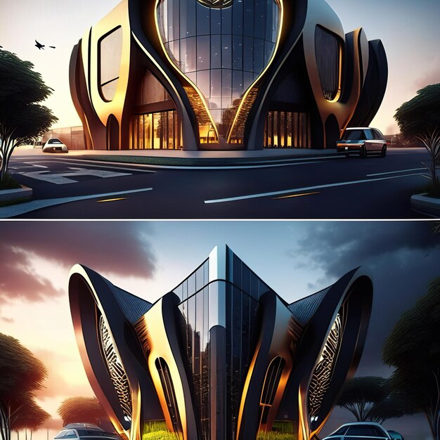 Foto edificio futuristico con linee moderne e dettagli dorati con sfondo al tramonto ai generativa