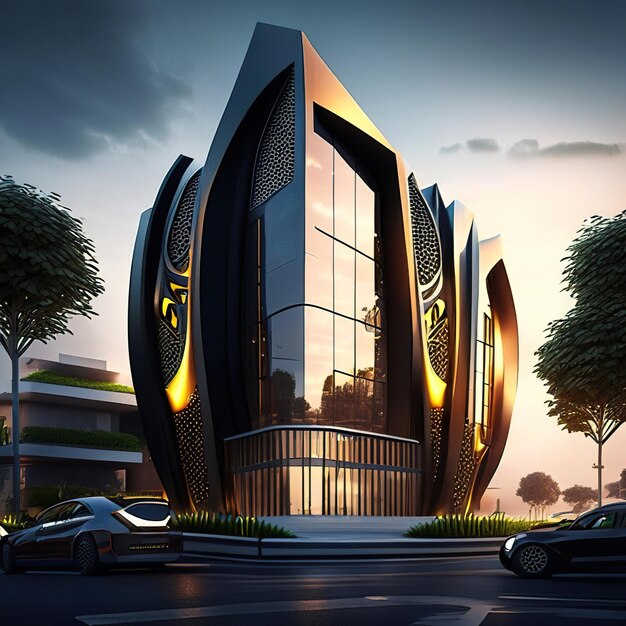 Futuristic building with modern lines and golden details with sunset background generative ai