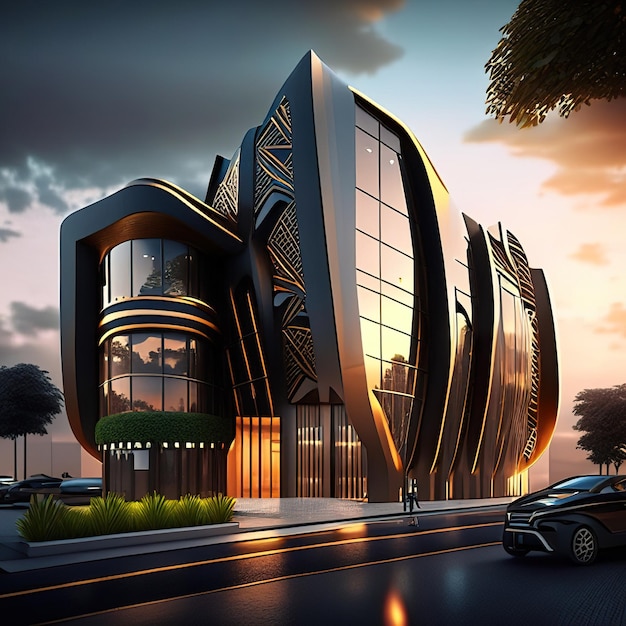 Futuristic building with modern lines and golden details with sunset background generative ai