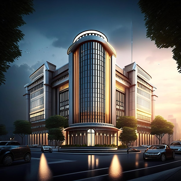 Futuristic building with neo classic lines and golden details with sunset background Generative AI