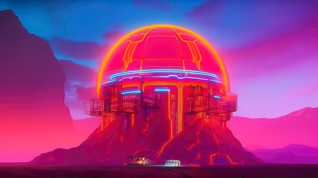 A futuristic building with a neon sign that says'planet'on it
