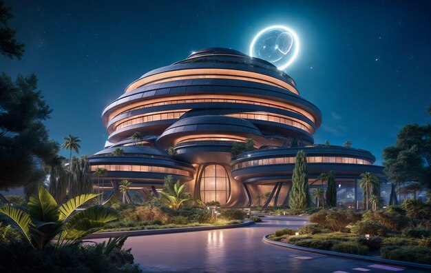 a futuristic building with a planet on the top of it