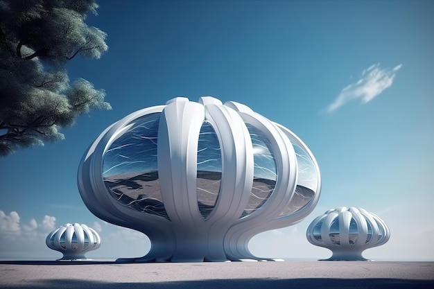 A futuristic building with a shell shaped roof