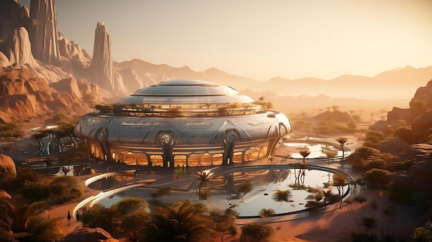 A futuristic building with a view of the desert and mountains in the background