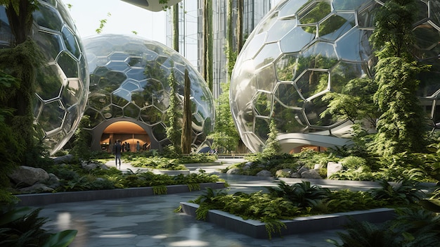 A futuristic building with the word biomes on it