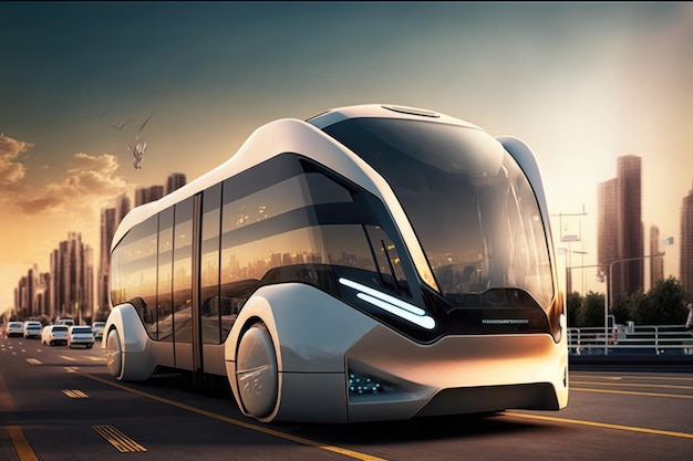 A futuristic bus that is being built on a bridge.