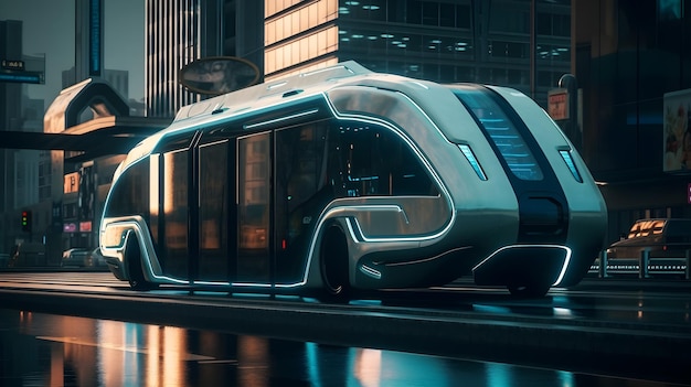 A futuristic bus that is in a city