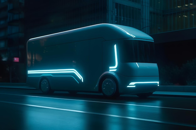 A futuristic bus that is on a street.