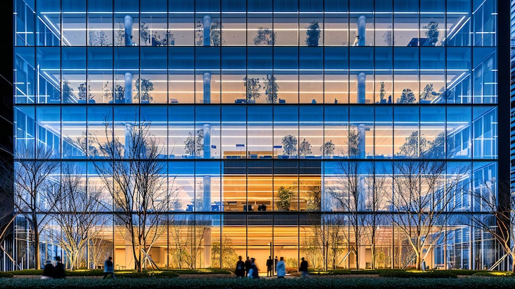Photo futuristic business city at night showcasing modern architecture and urban illumination